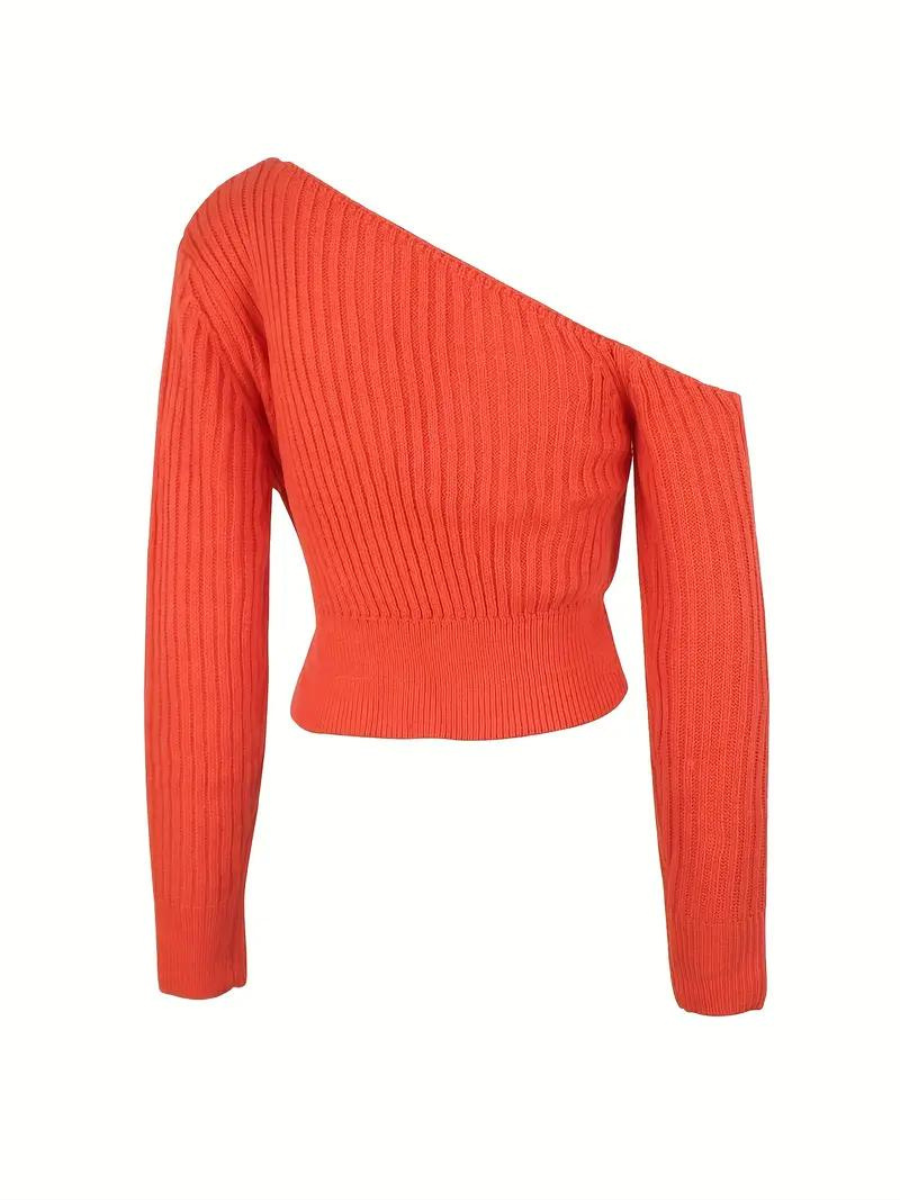 rib knitted sweater with asymmetrical neckline