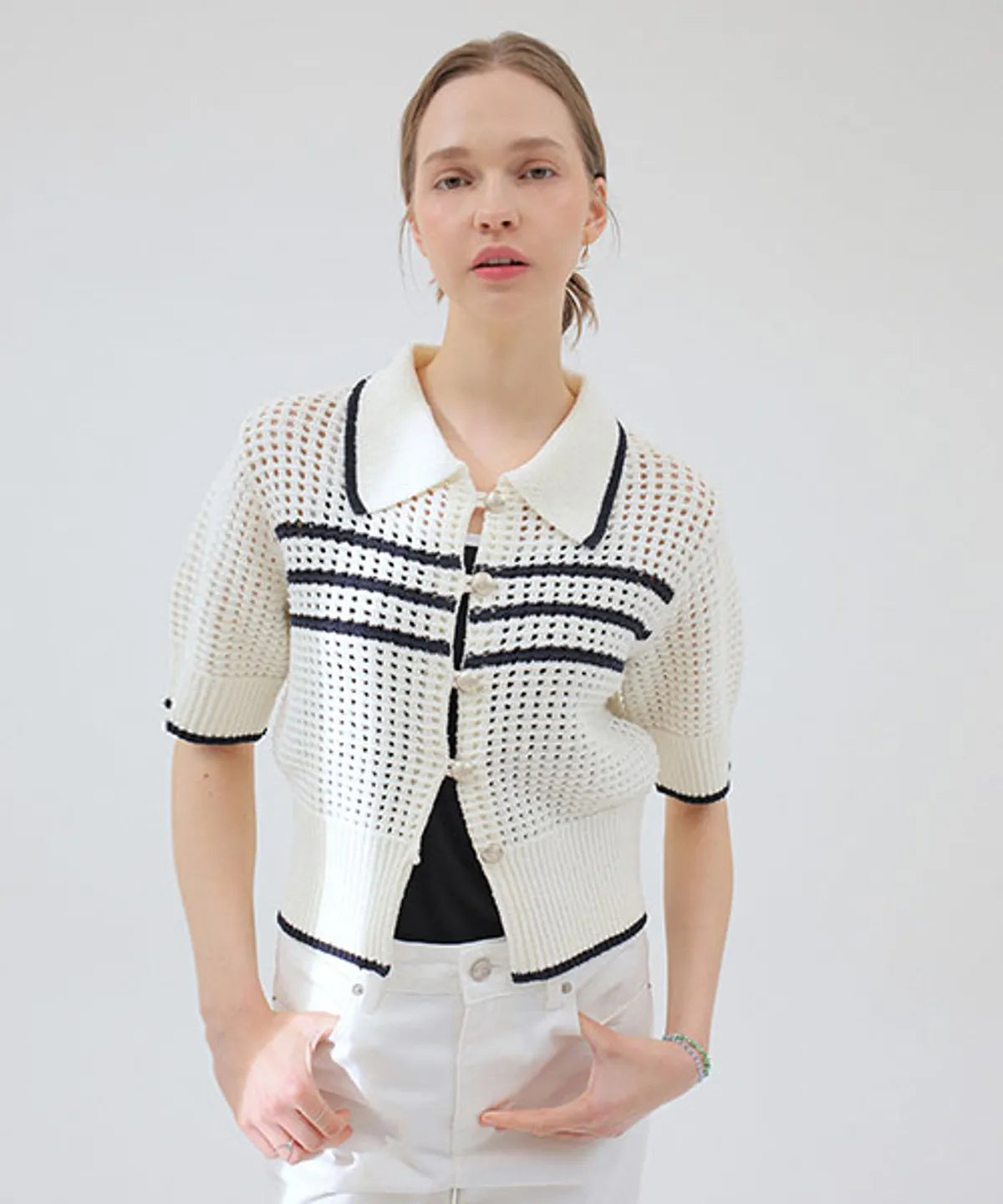 Stripe Collar White Cardigan