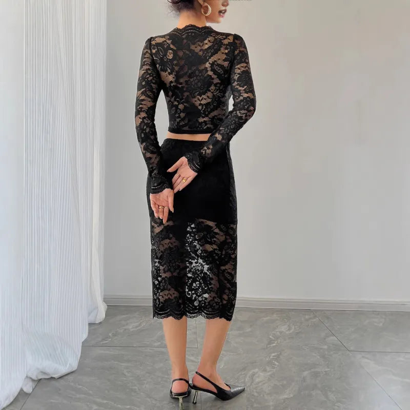 Classy Lace Top With Midi Skirt In Black