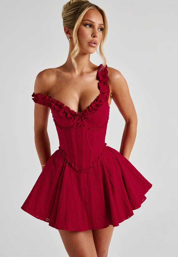 Lace Puff Short Dress In Burgundy Red