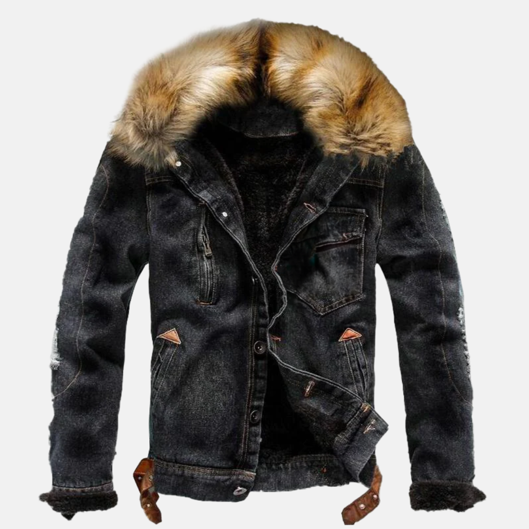 Denim jacket with fur collar