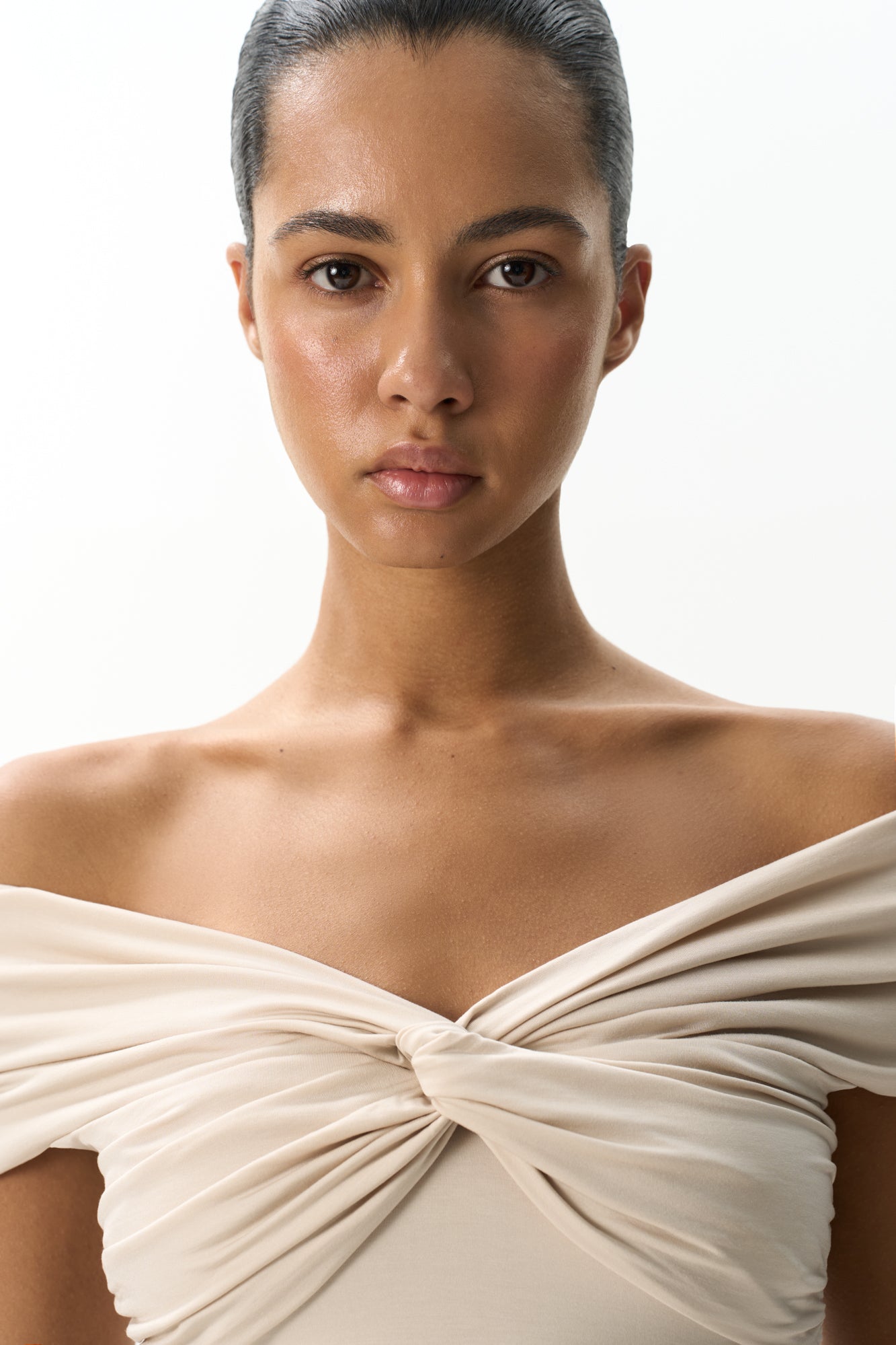 Pleated Off Shoulder Top With Twisted Knot