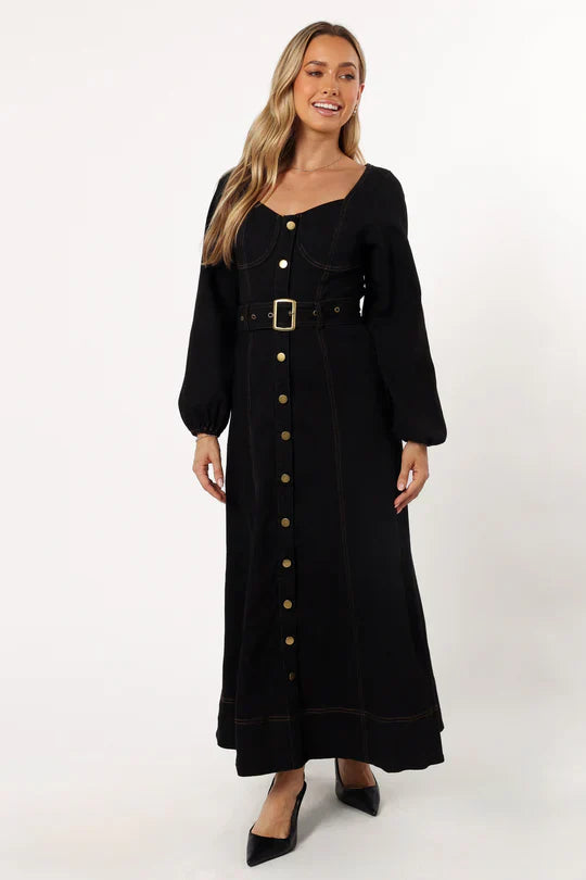 Long Sleeve Denim Maxi Dress In Black