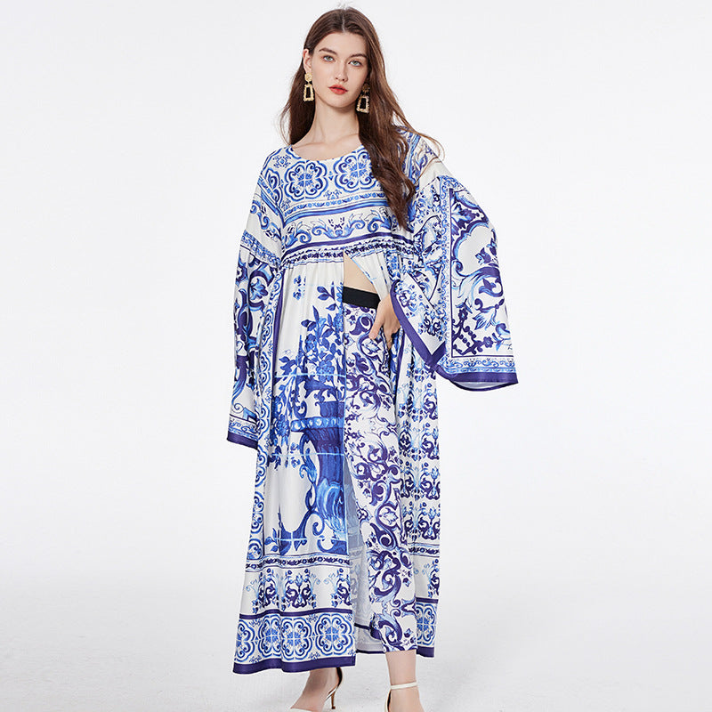 Porcelain Print Loose Maxi Dress With Leggings Set