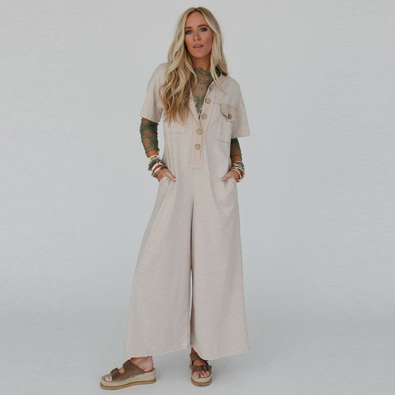 Short Sleeve Buttoned Up Jumpsuit