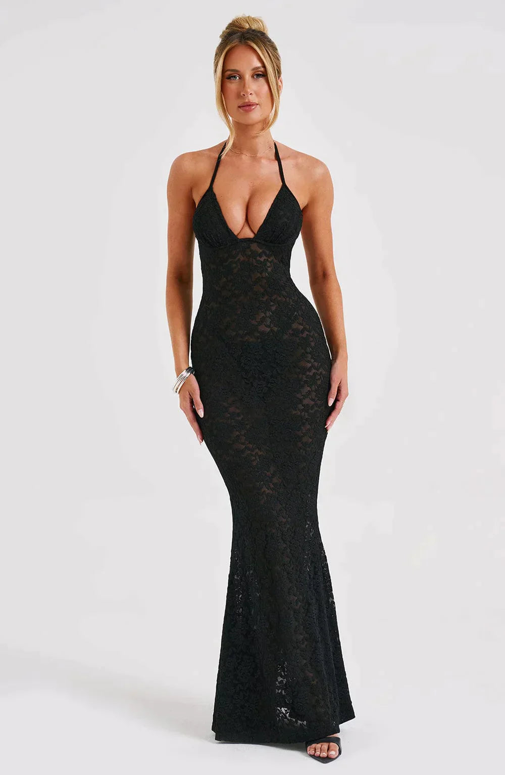 Black maxi dress with lace seam