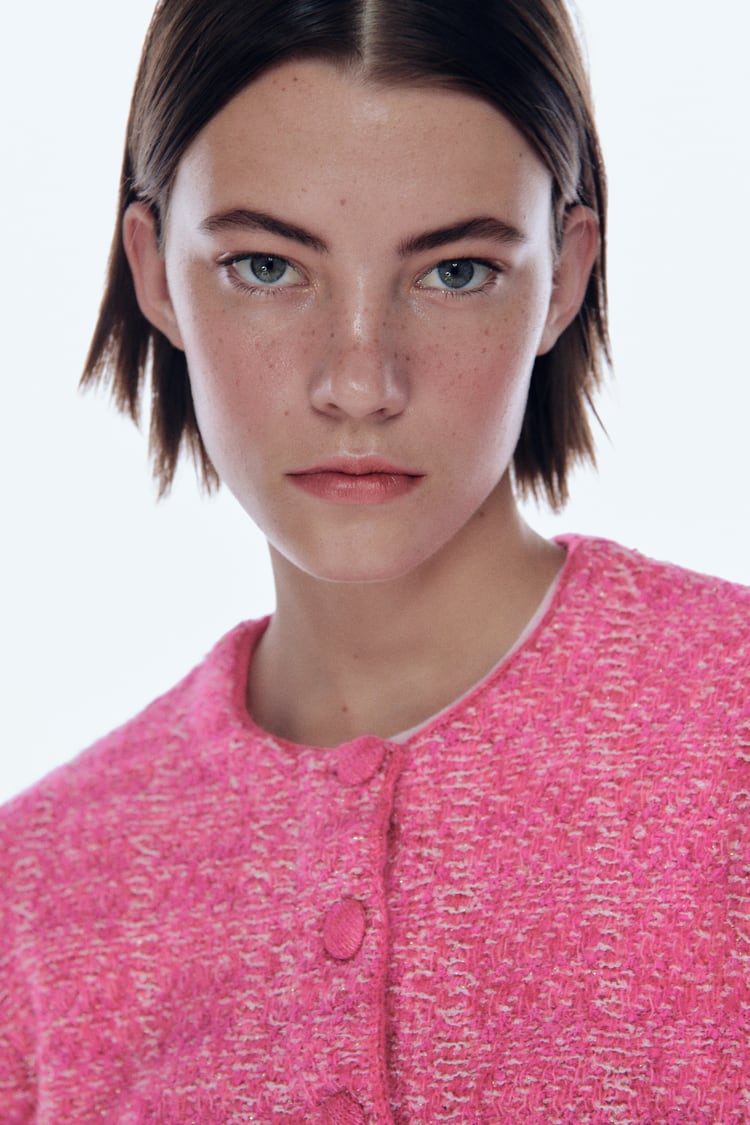 Textured knit cardigan with skirt suit