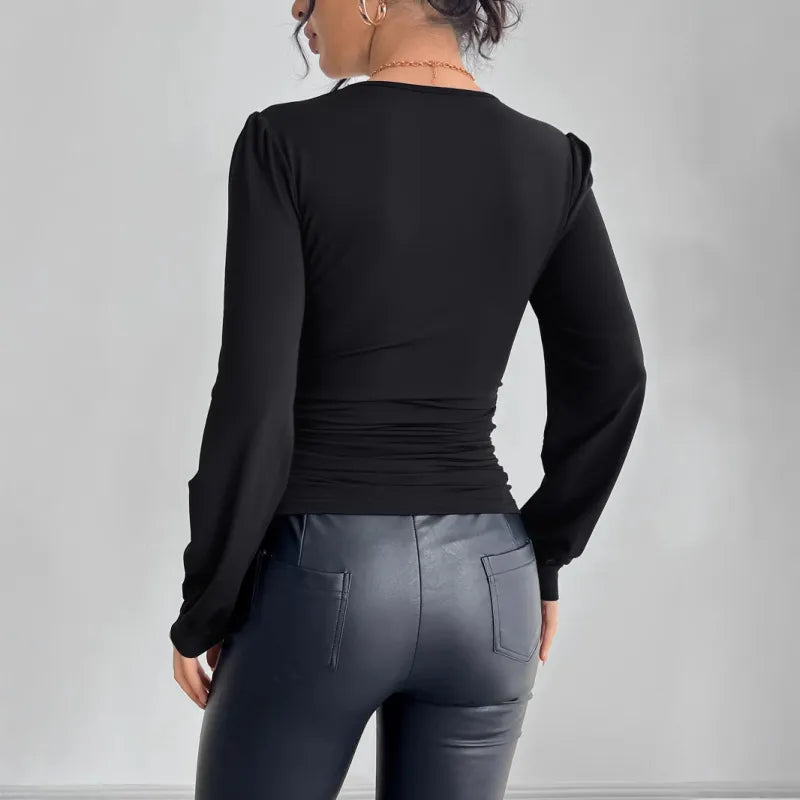 V Neck Blouse In Black WIth Diamonds