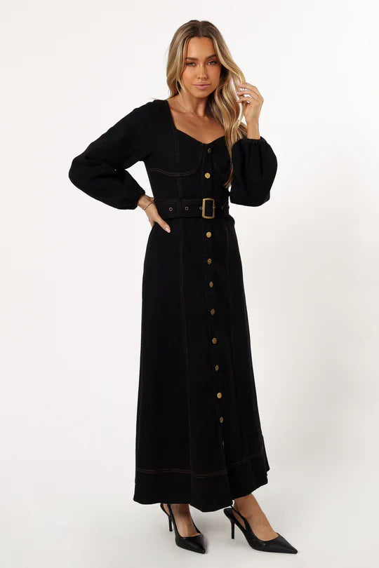 Long Sleeve Denim Maxi Dress In Black