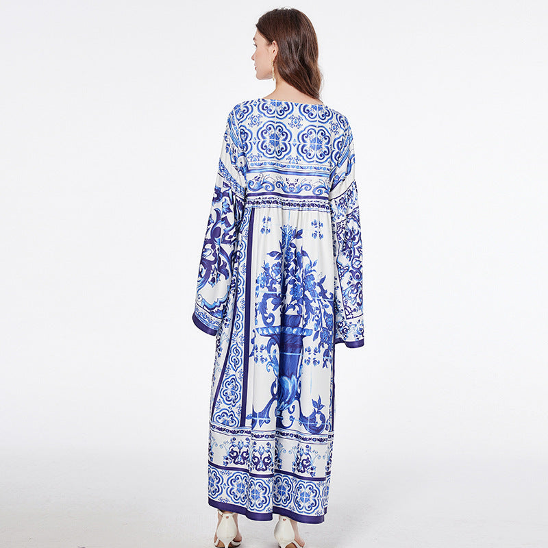 Porcelain Print Loose Maxi Dress With Leggings Set