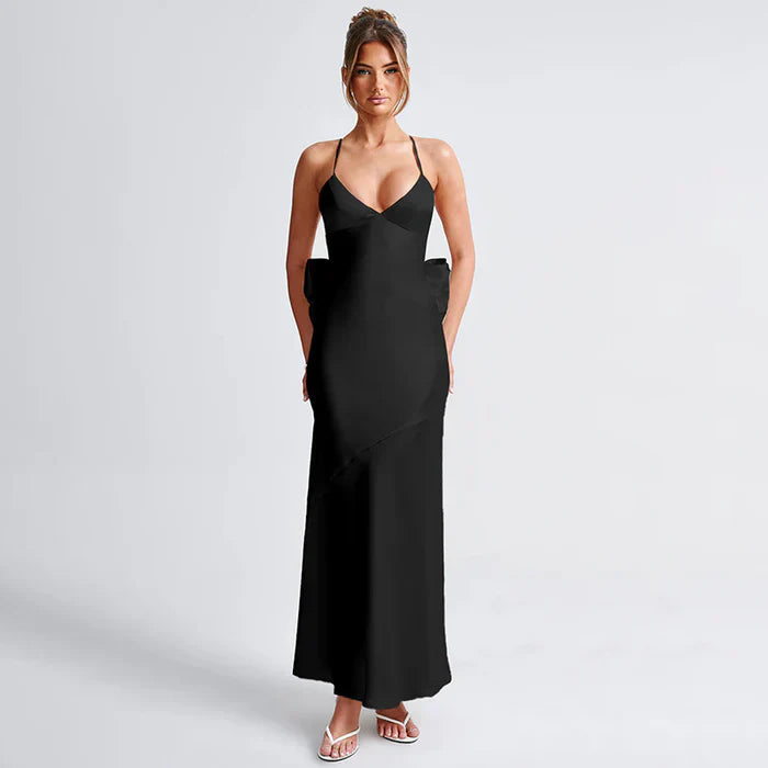 Satin Backless Dress With Bow