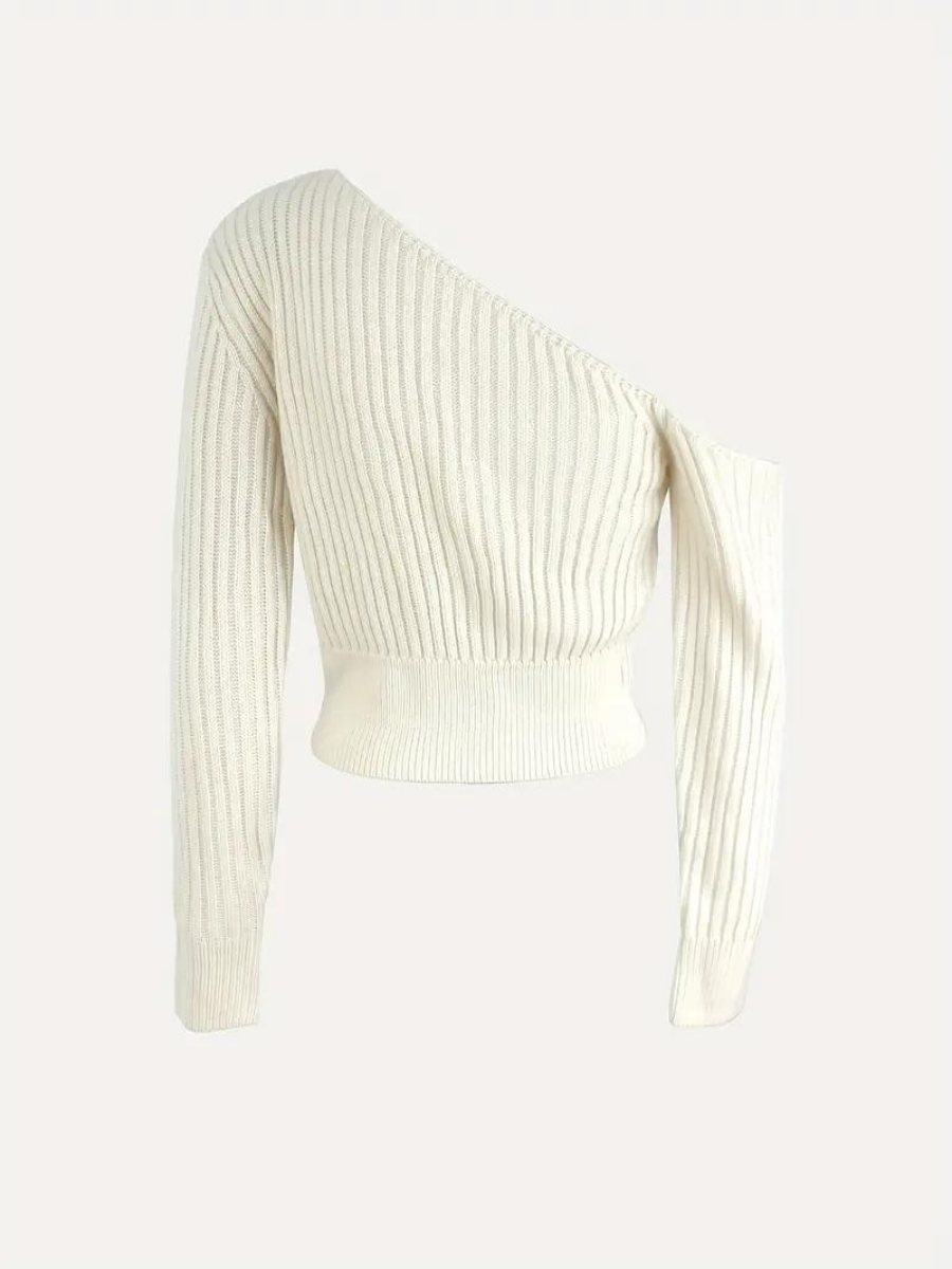 rib knitted sweater with asymmetrical neckline