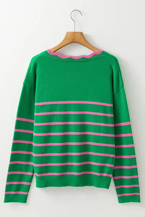 Knitted Cardigan In Green WIth Pink Stripes