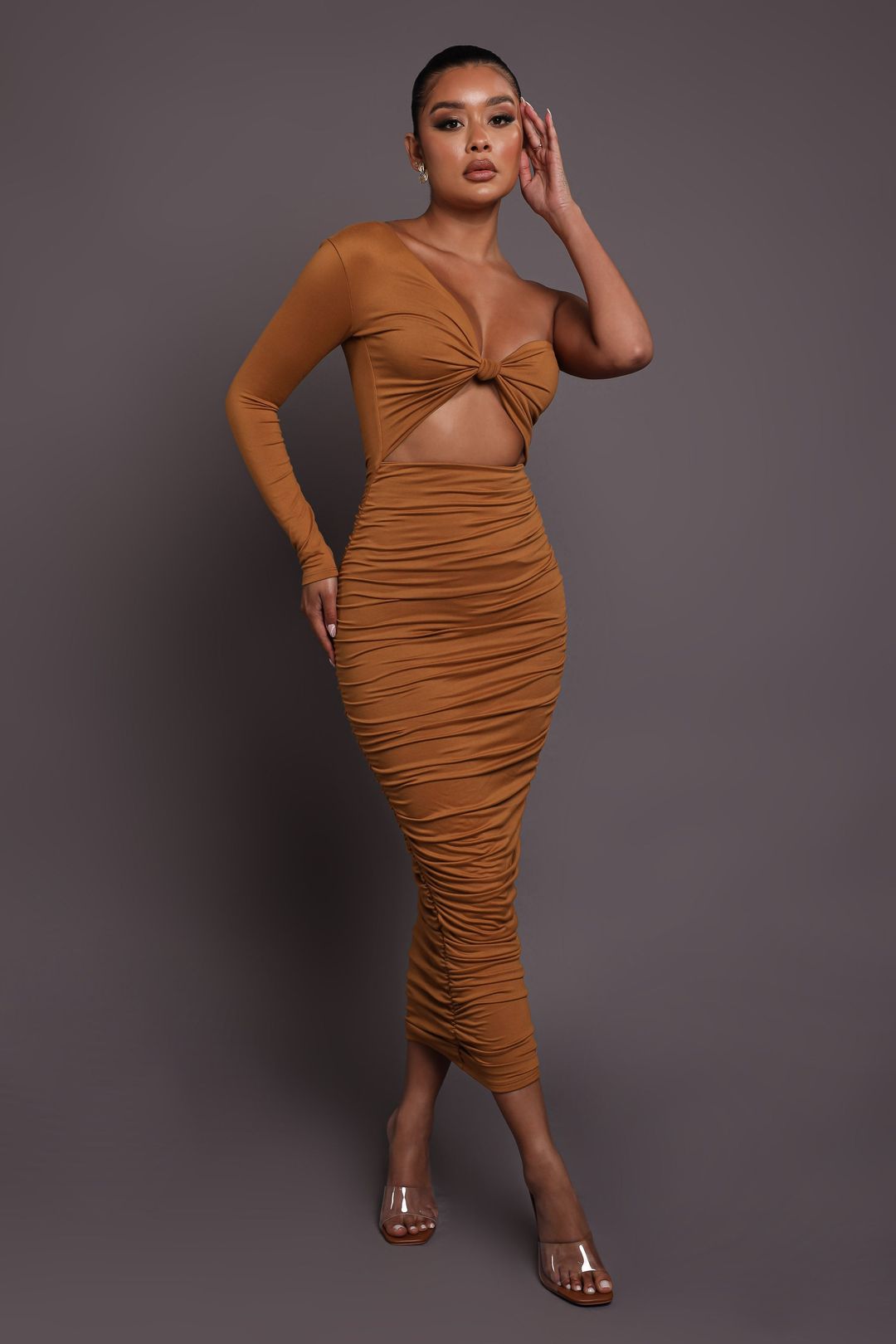 Slim One Shoulkder Maxi Dress In Brown