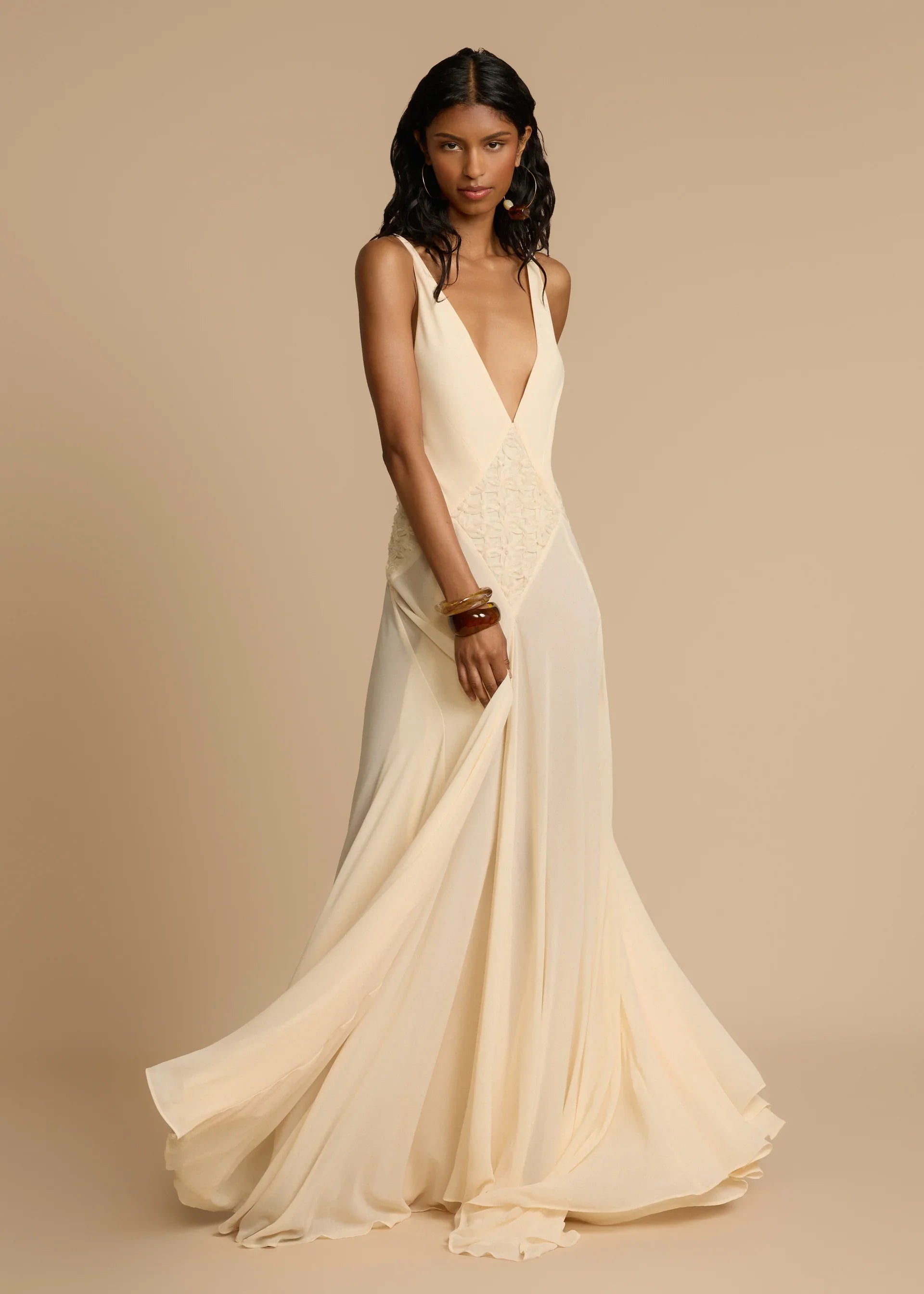 Hollow Out Stitching Lace Sling Color Maxi Dress