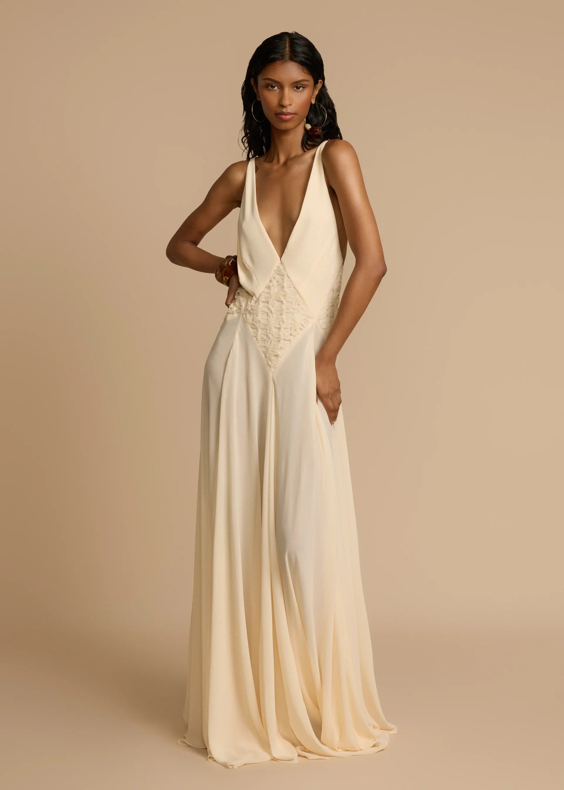 Hollow Out Stitching Lace Sling Color Maxi Dress