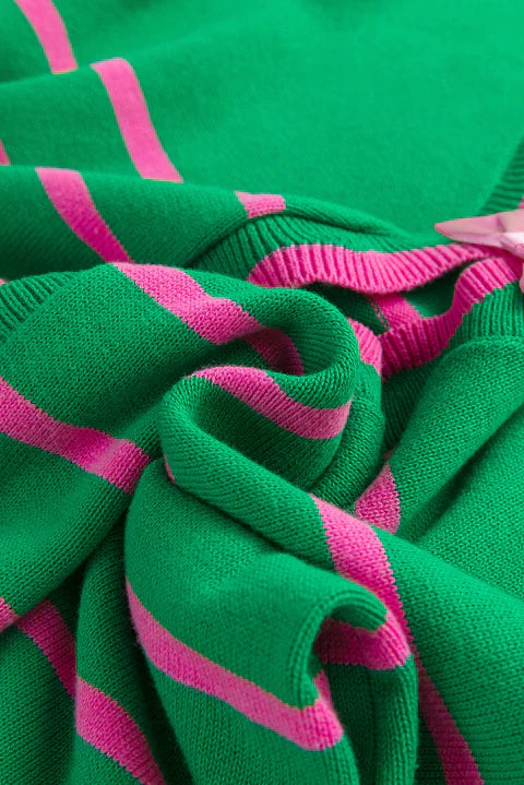 Knitted Cardigan In Green WIth Pink Stripes