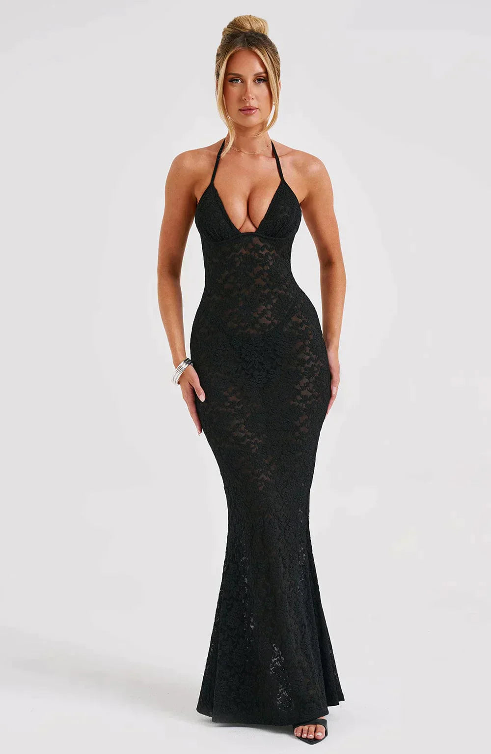 Black maxi dress with lace seam