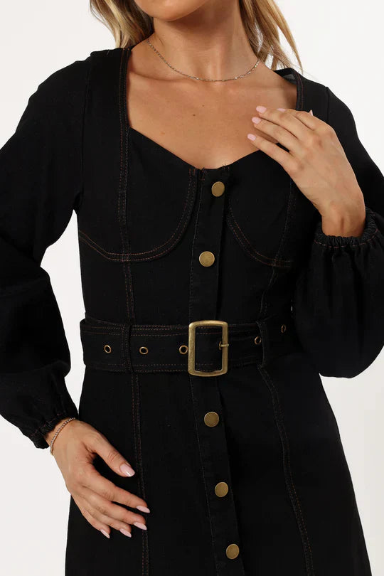 Long Sleeve Denim Maxi Dress In Black
