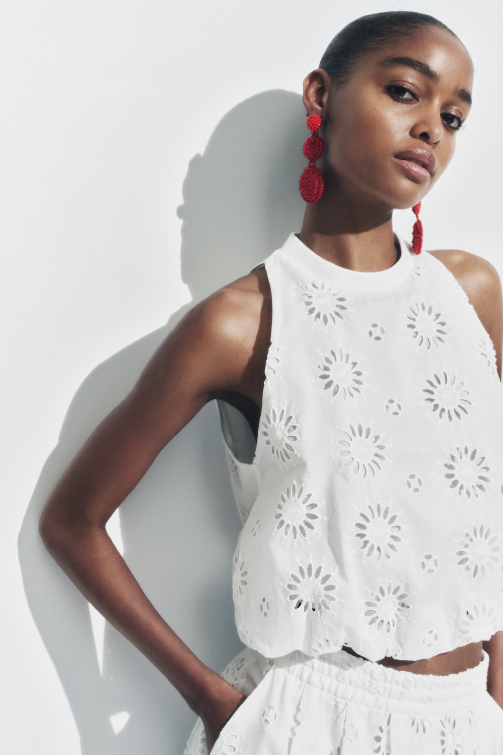 Openwork embroidered white top with skirt