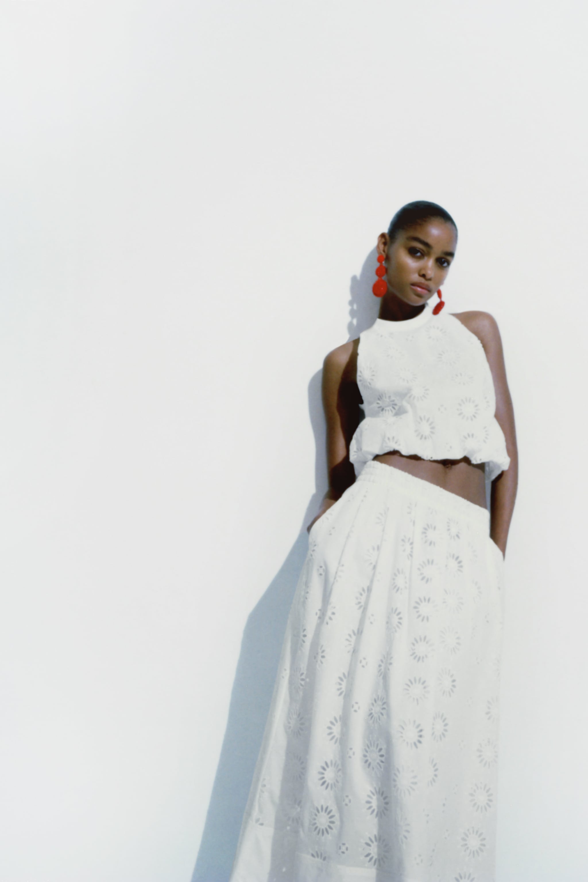 Openwork embroidered white top with skirt