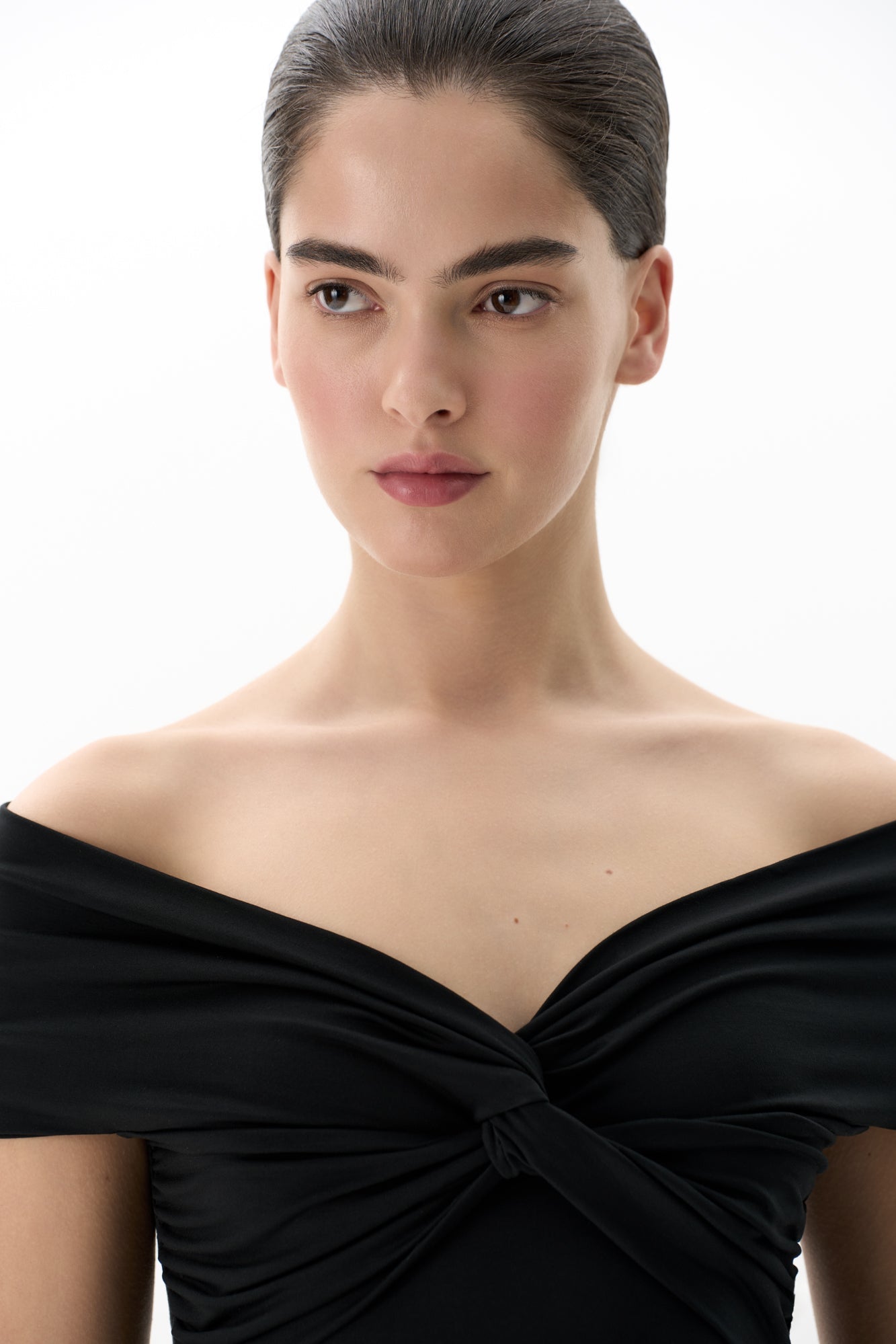 Pleated Off Shoulder Top With Twisted Knot