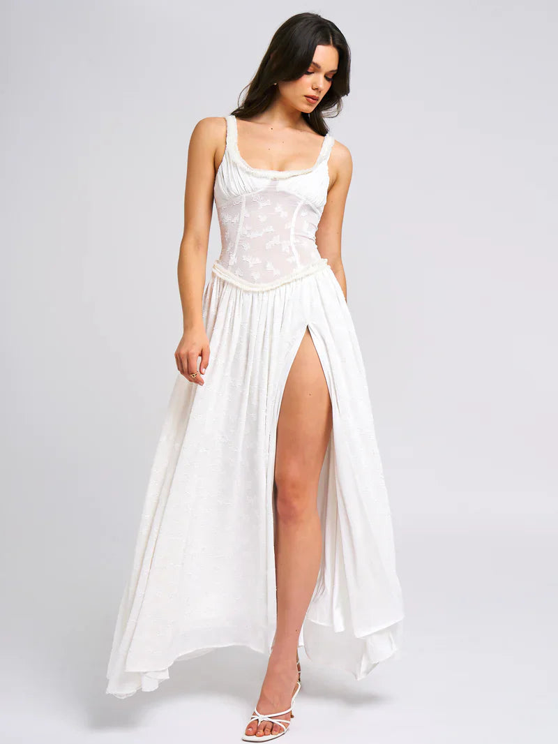 Square Neck Jacquard Textured High Slit Maxi Dress