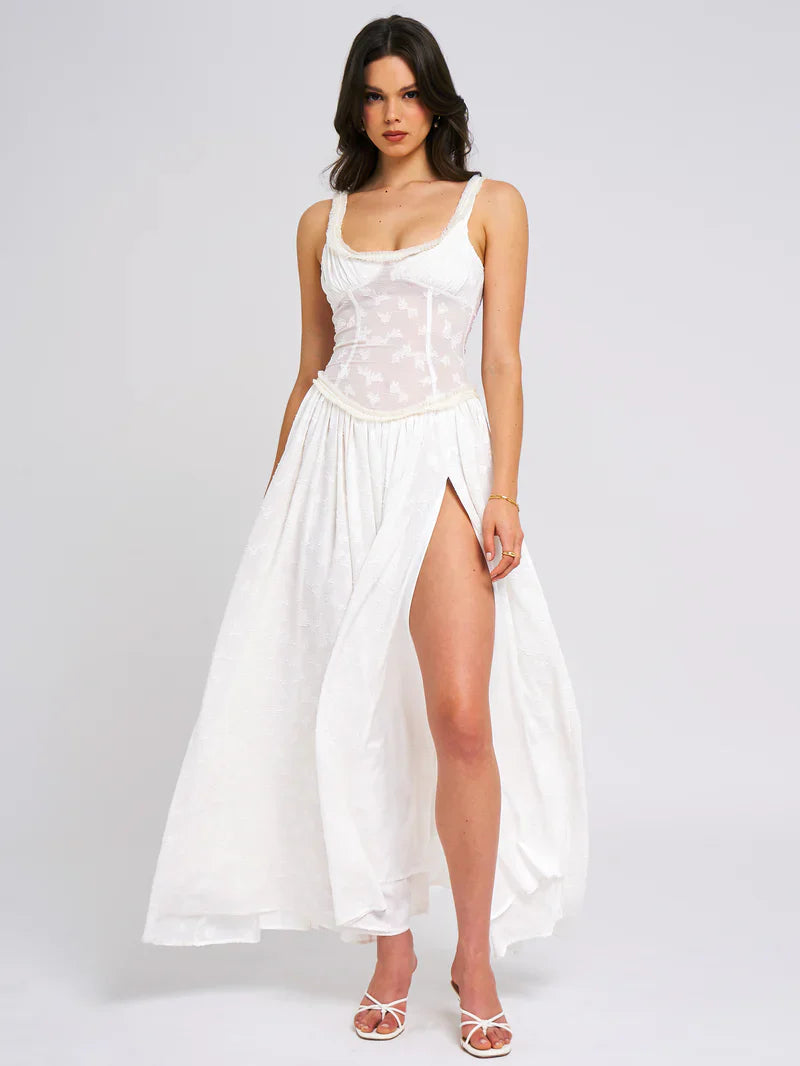 Square Neck Jacquard Textured High Slit Maxi Dress