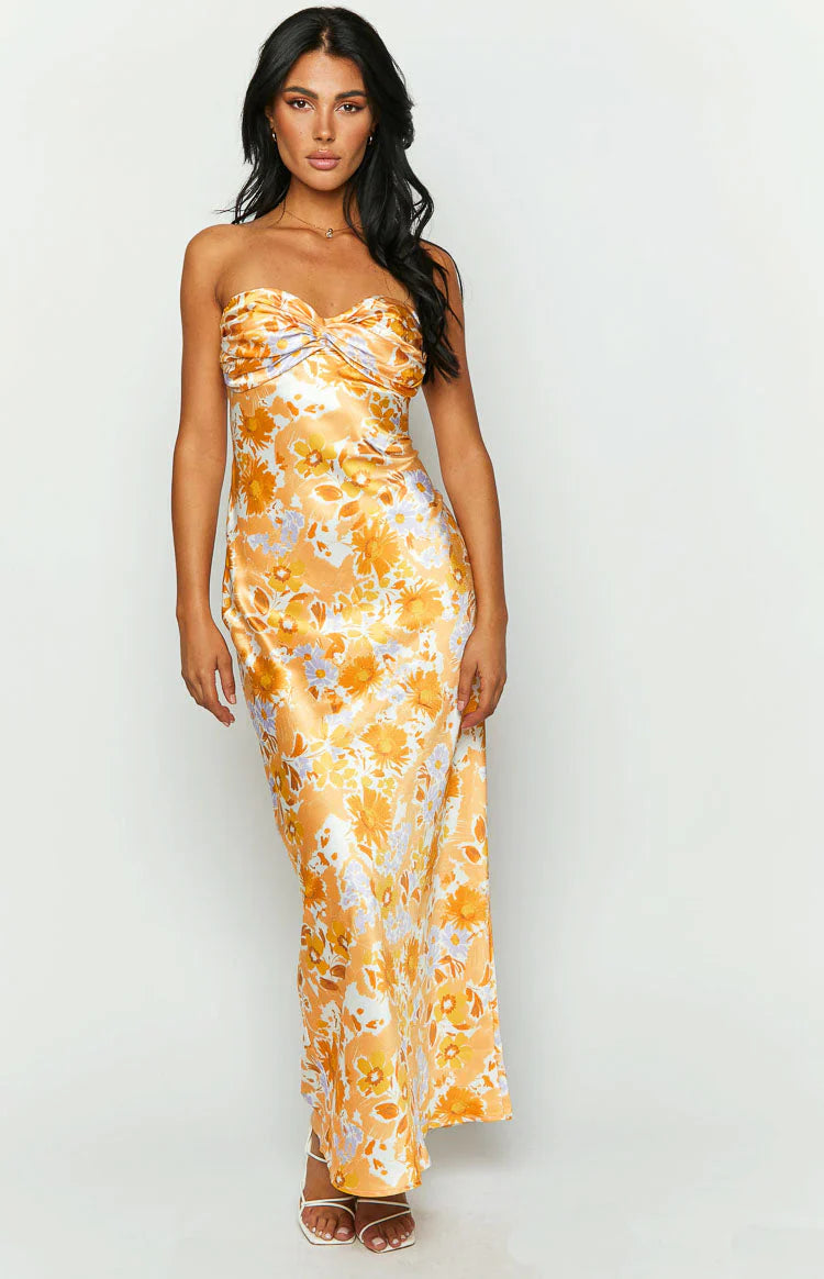 Orange Floral Formal Maxi Dress
