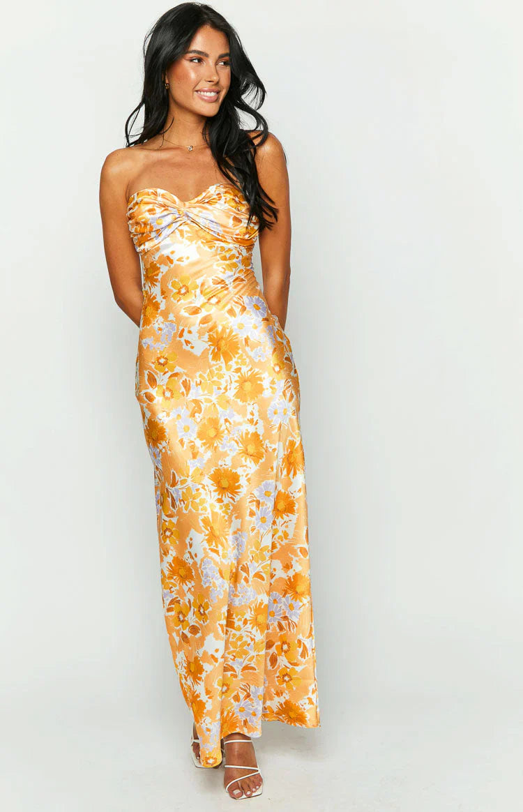 Orange Floral Formal Maxi Dress