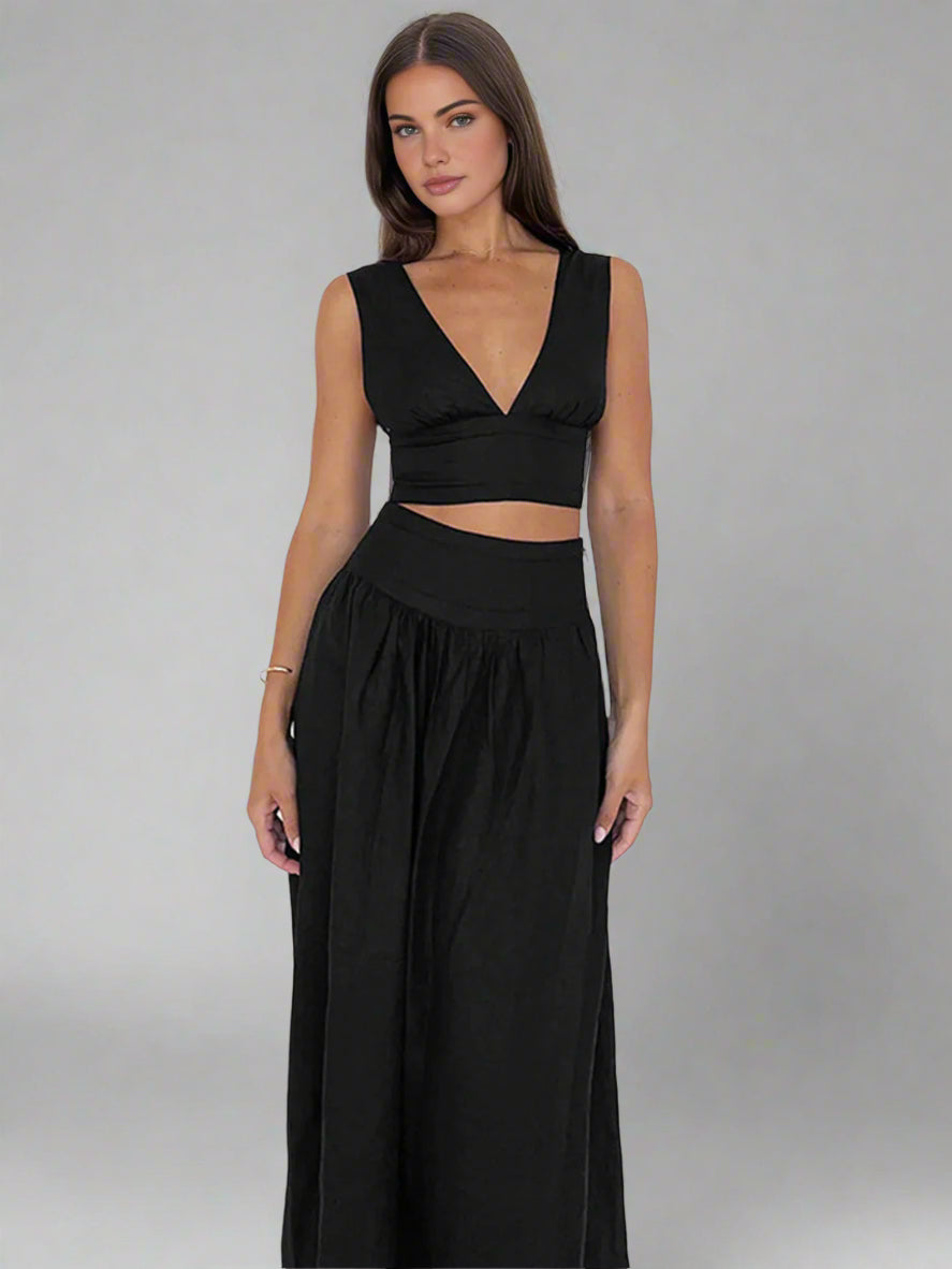 Black V-neck Top and Loose Skirt Set