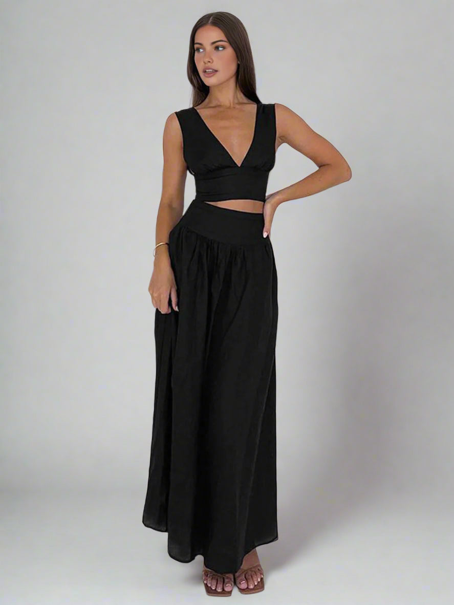 Black V-neck Top and Loose Skirt Set