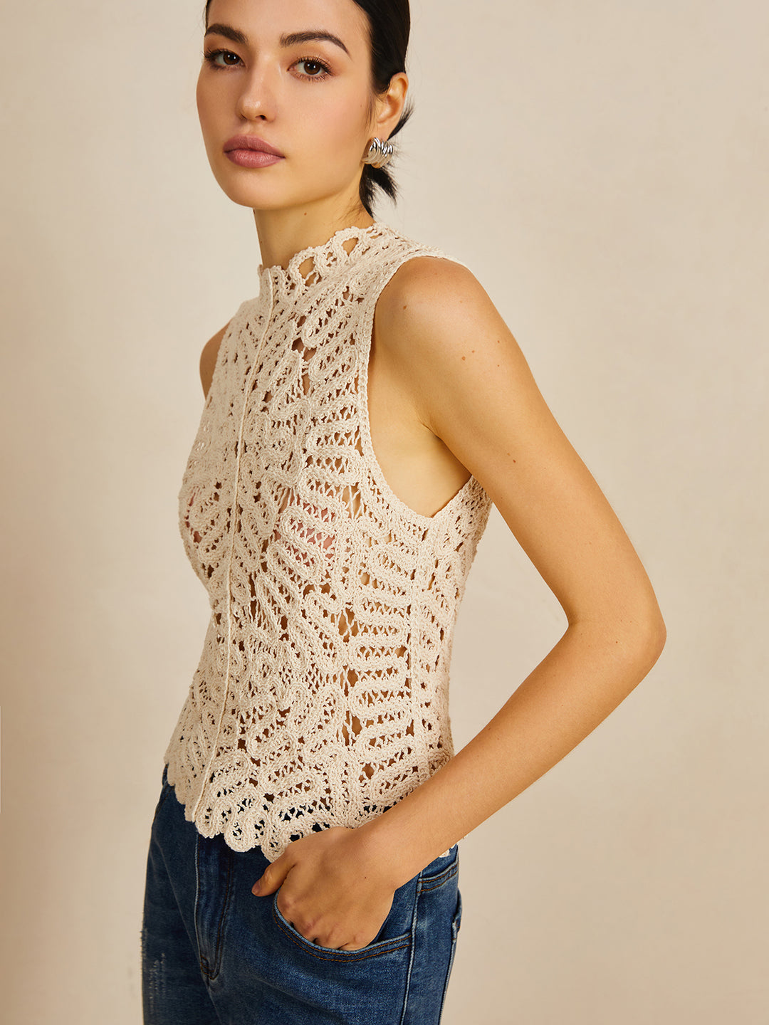 Floral Crocheted Soft Beige Top With Hole Pattern