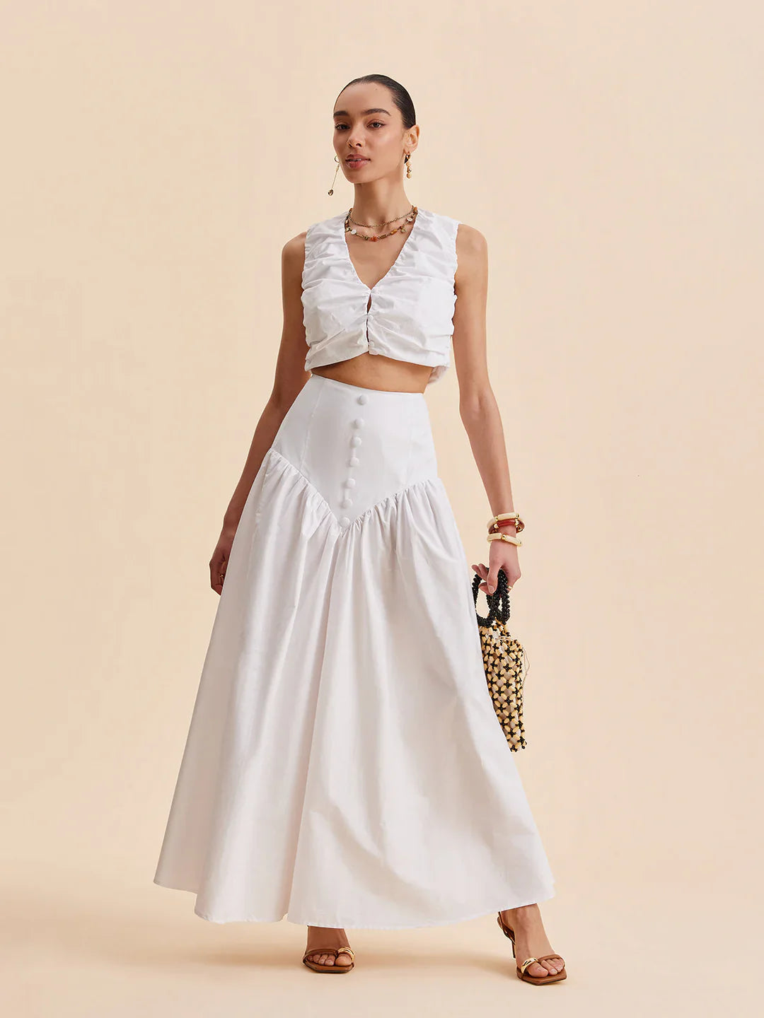 Chic Pleated Crop Top and Chic Buttoned Skirt Set