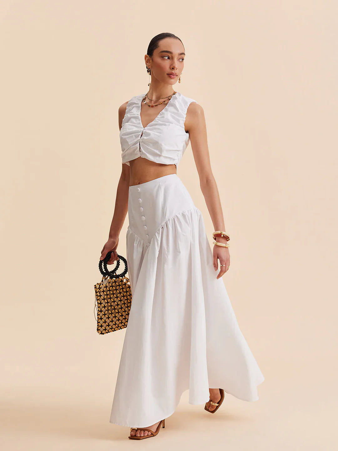 Chic Pleated Crop Top and Chic Buttoned Skirt Set