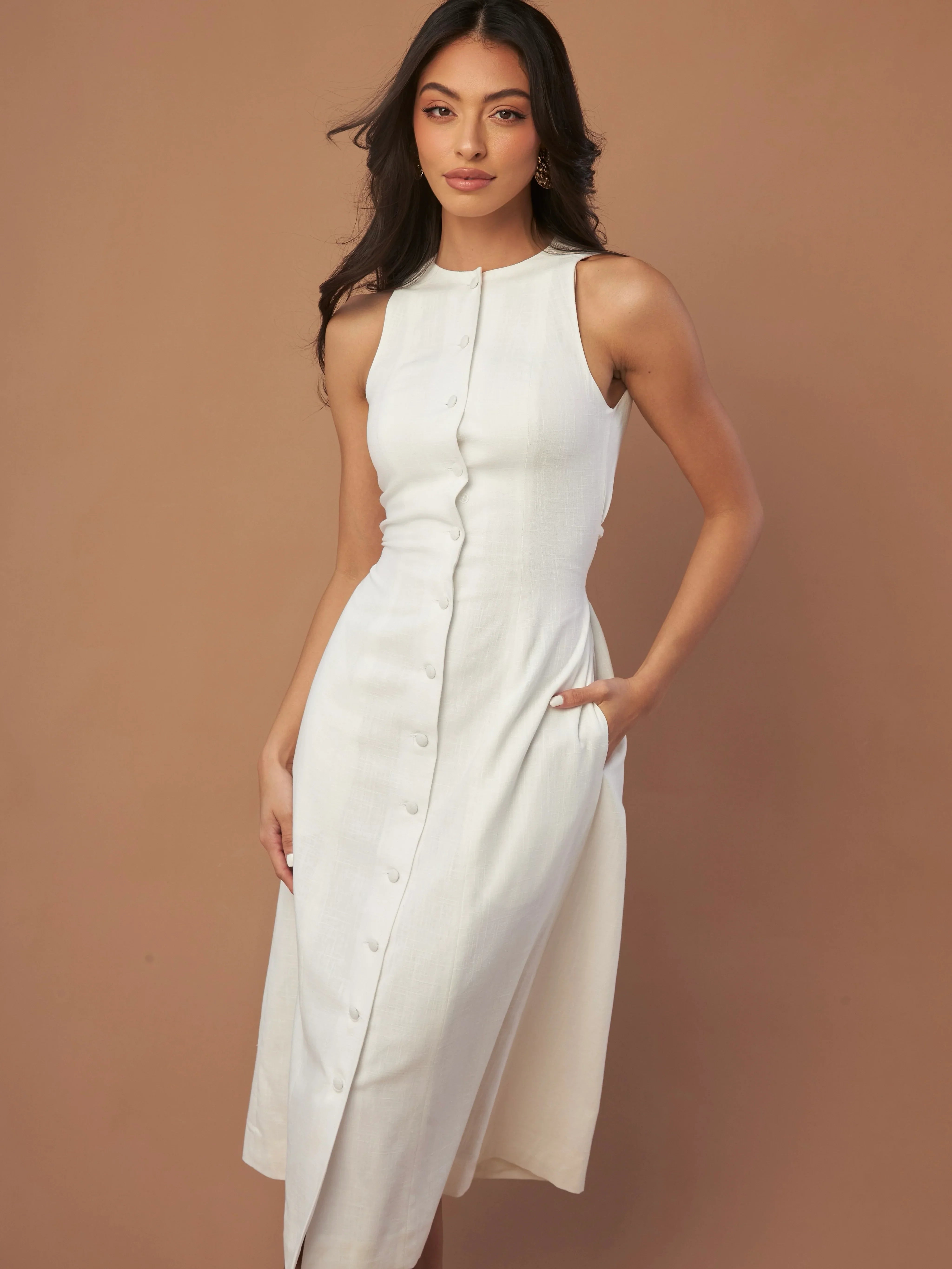 Sleeveless Round Neck Linen White Dress