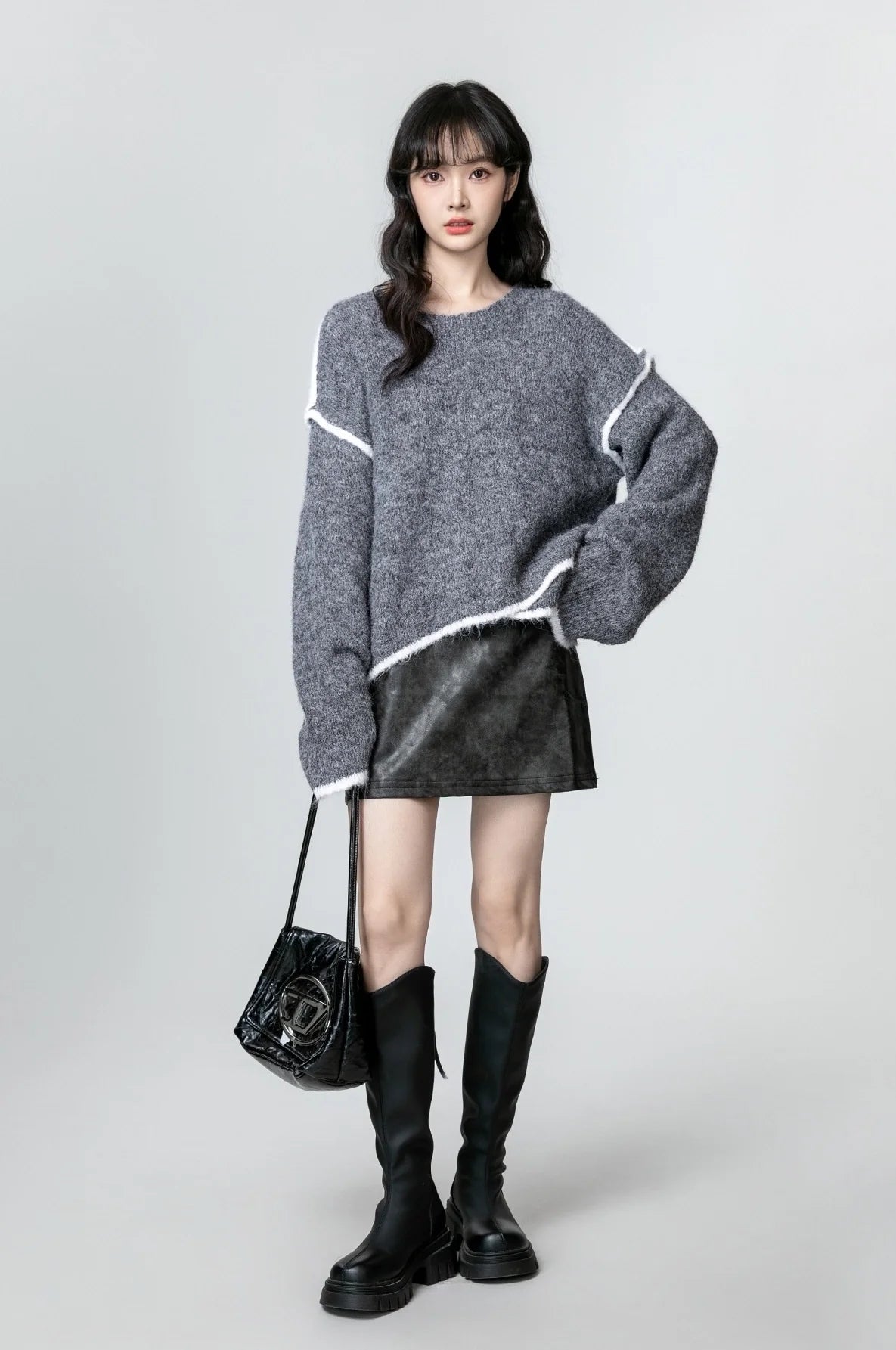 Gray Oversized Colorblock Knit Sweater