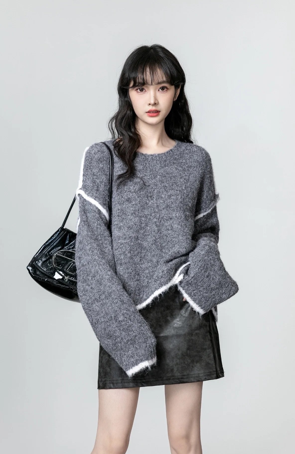 Gray Oversized Colorblock Knit Sweater