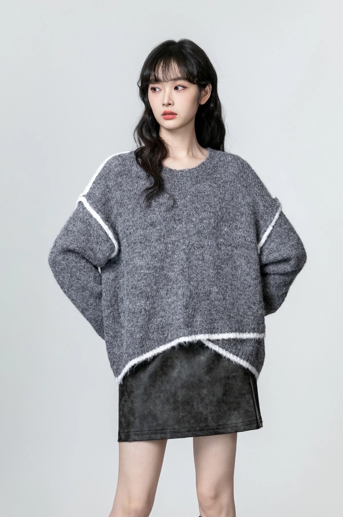 Gray Oversized Colorblock Knit Sweater