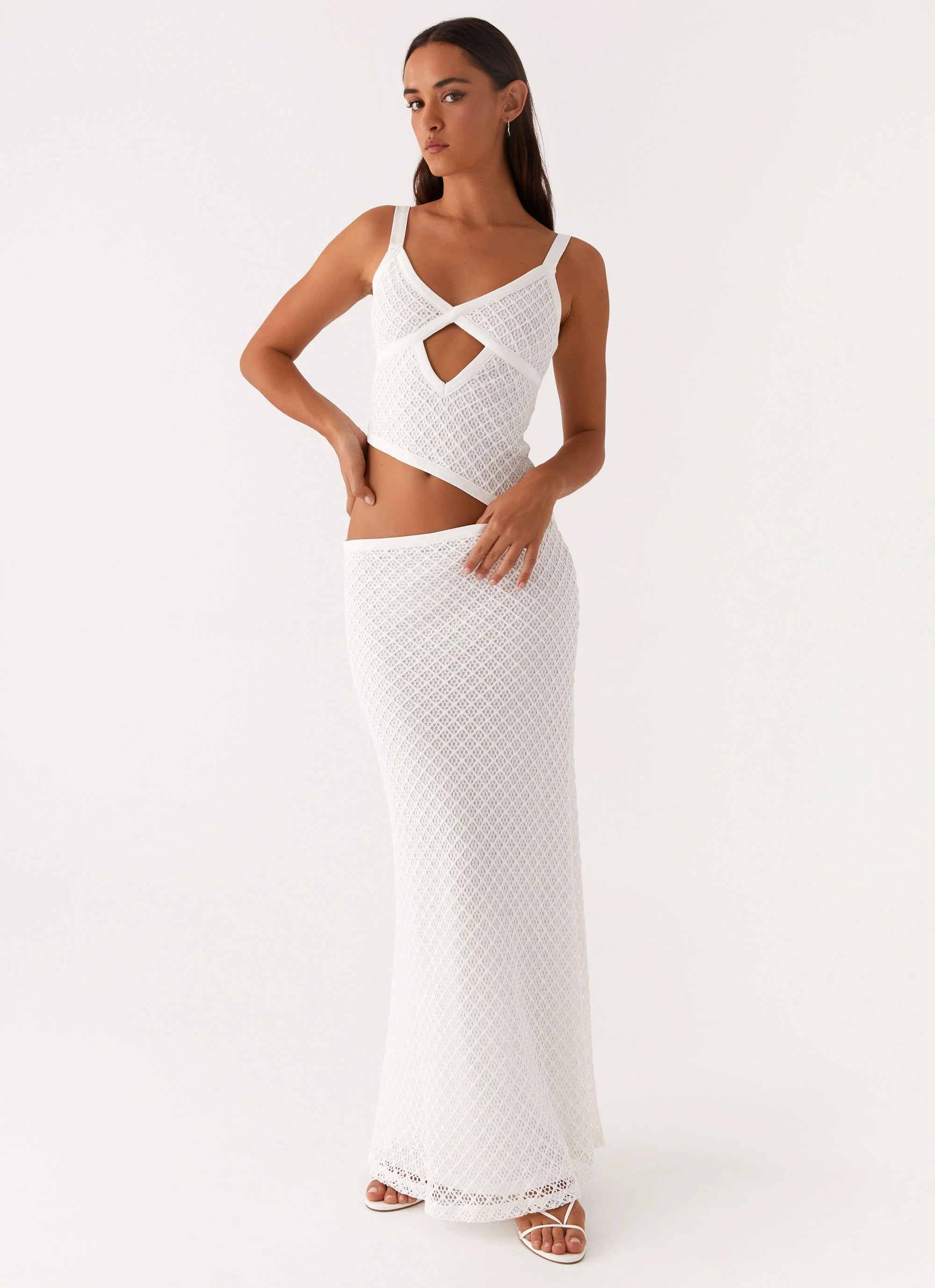 V-Neck Cut-Out Detailing Flowing White Maxi Dress