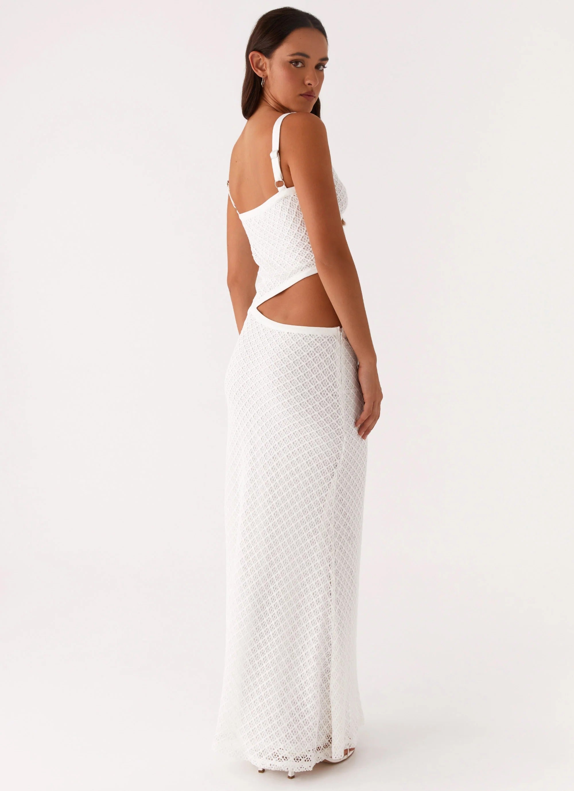 V-Neck Cut-Out Detailing Flowing White Maxi Dress