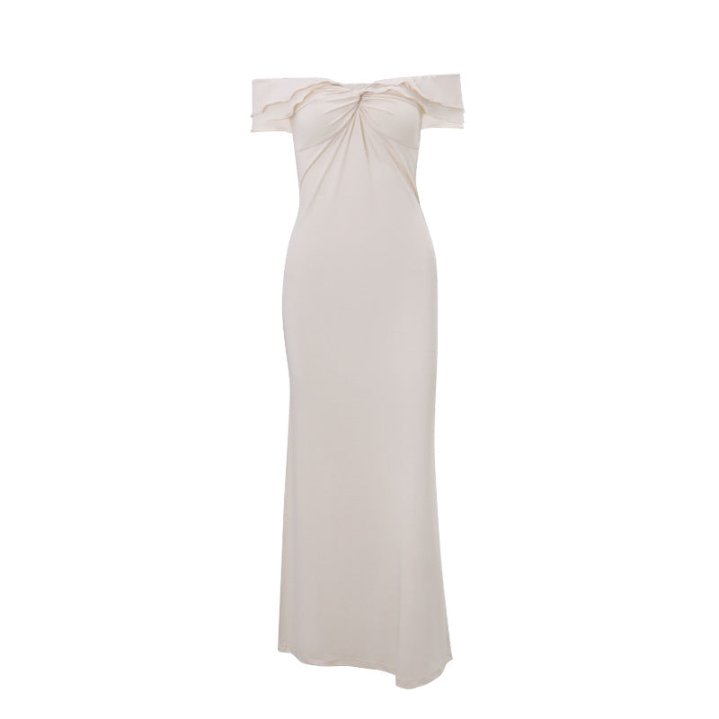 Off Shoulder Sheath Maxi Dress In Beige