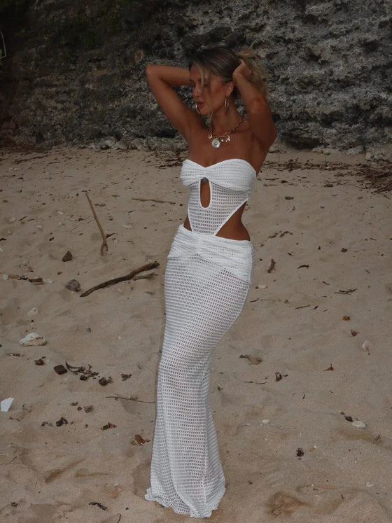 Midriff Hollow Out Strap Chest-wrapped Maxi White Dress