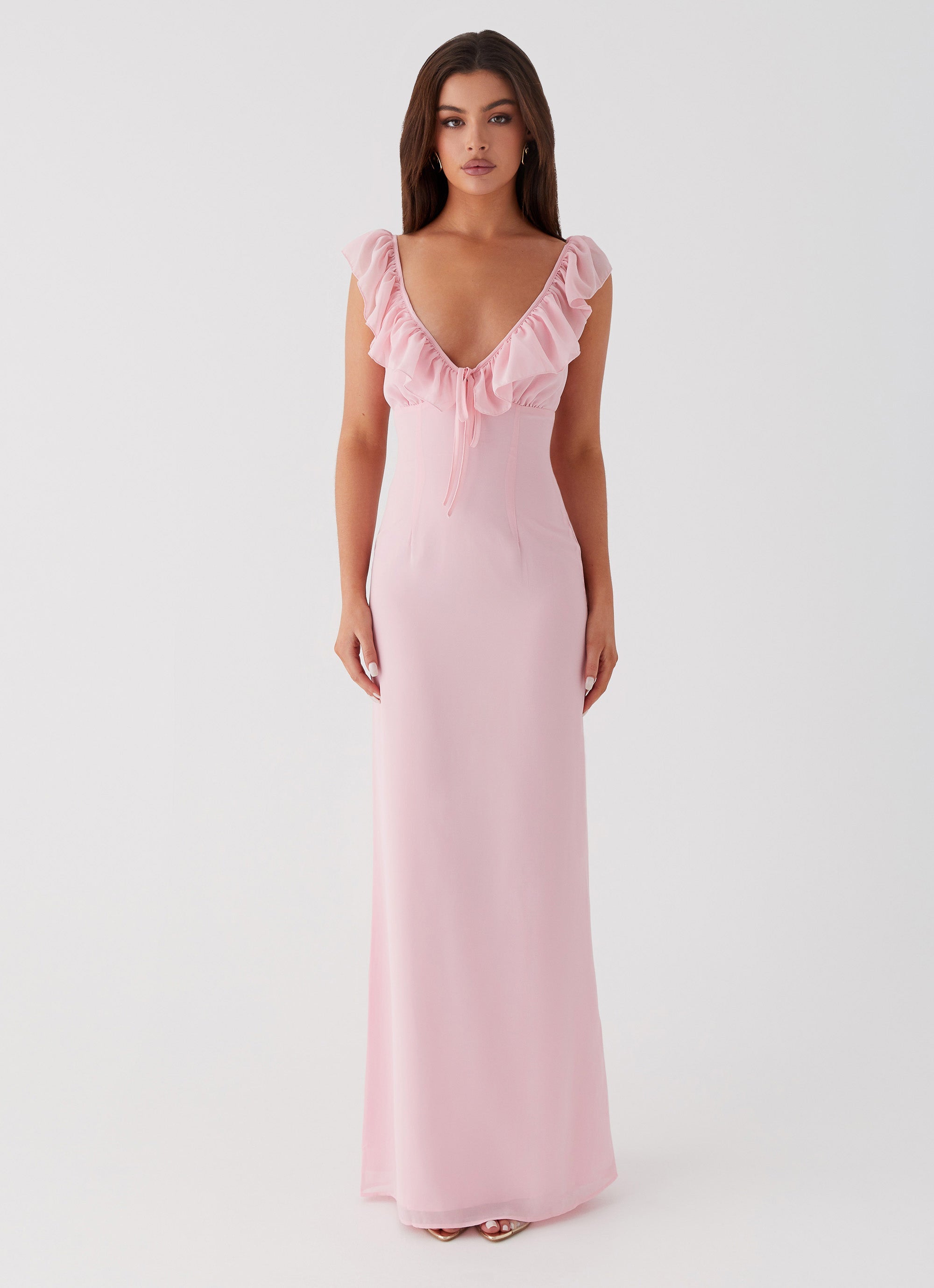 Pink Maxi Dress With Ruffles At The Neckline