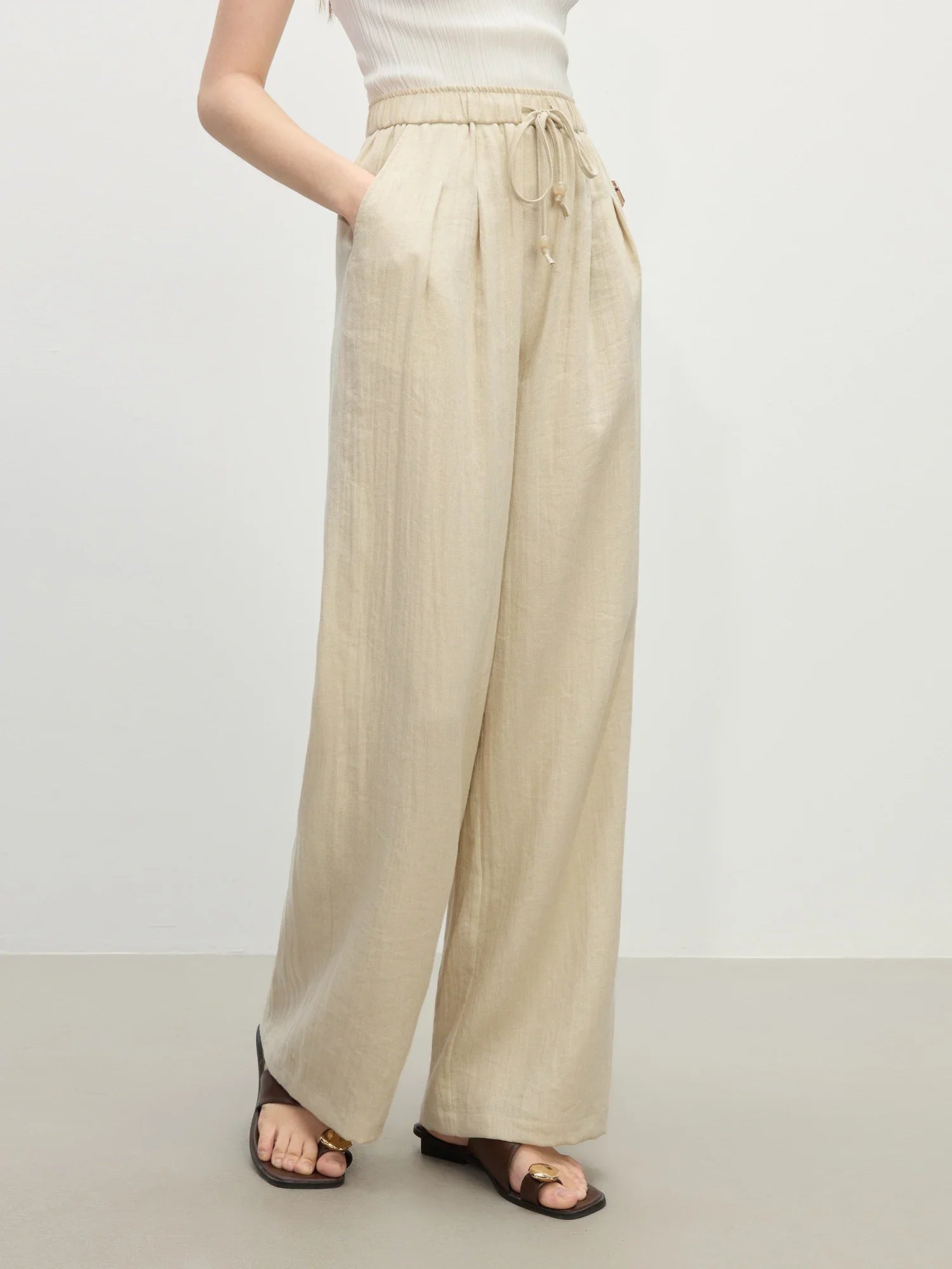 Linen Straight Elastic HIgh Waist Casual Pants