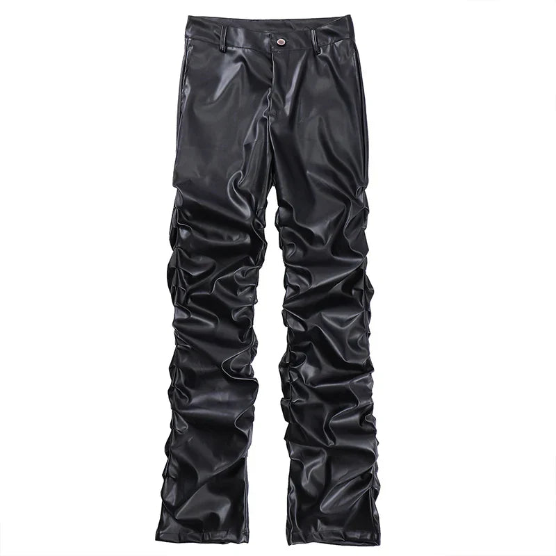 Pleated Pu Leather Loose Black Pants