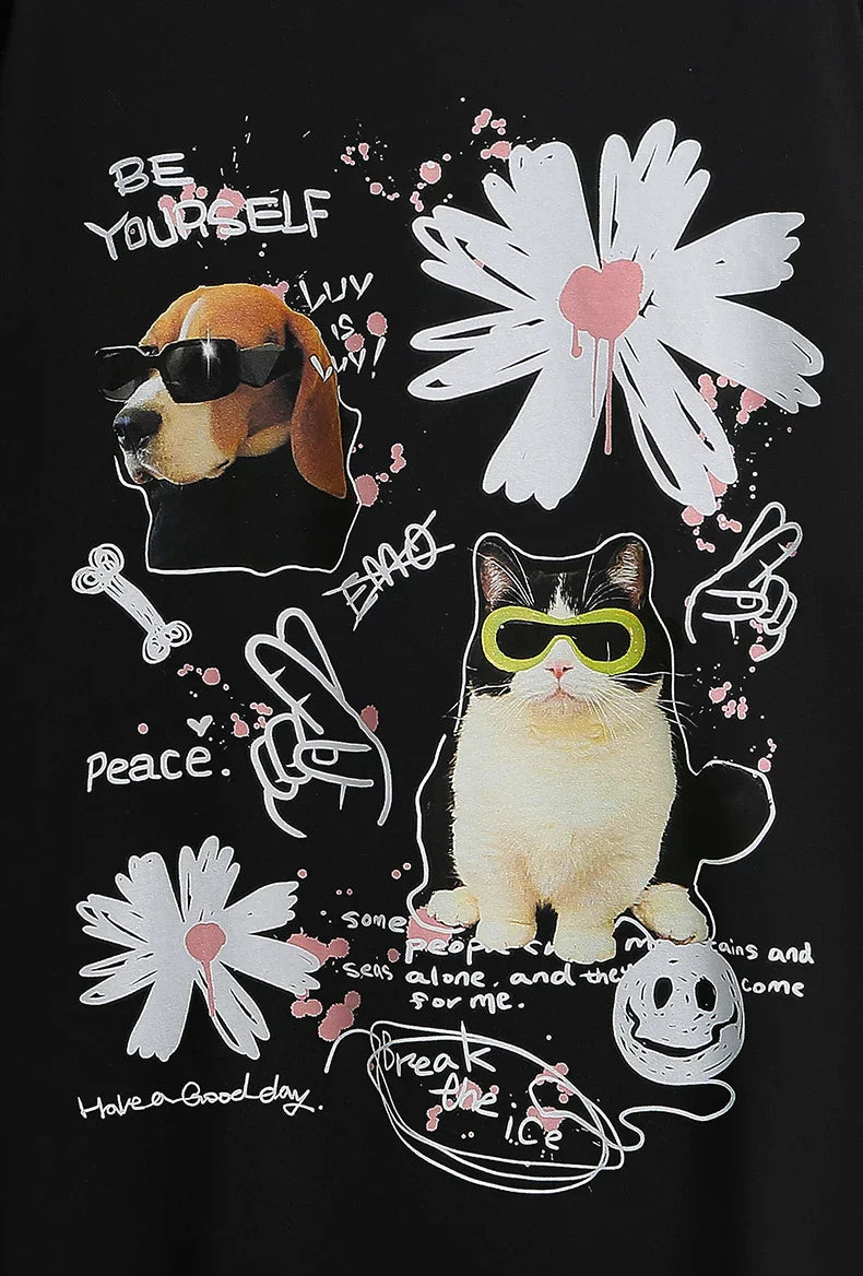 Graffiti Cat Dog Printed T-Shirt