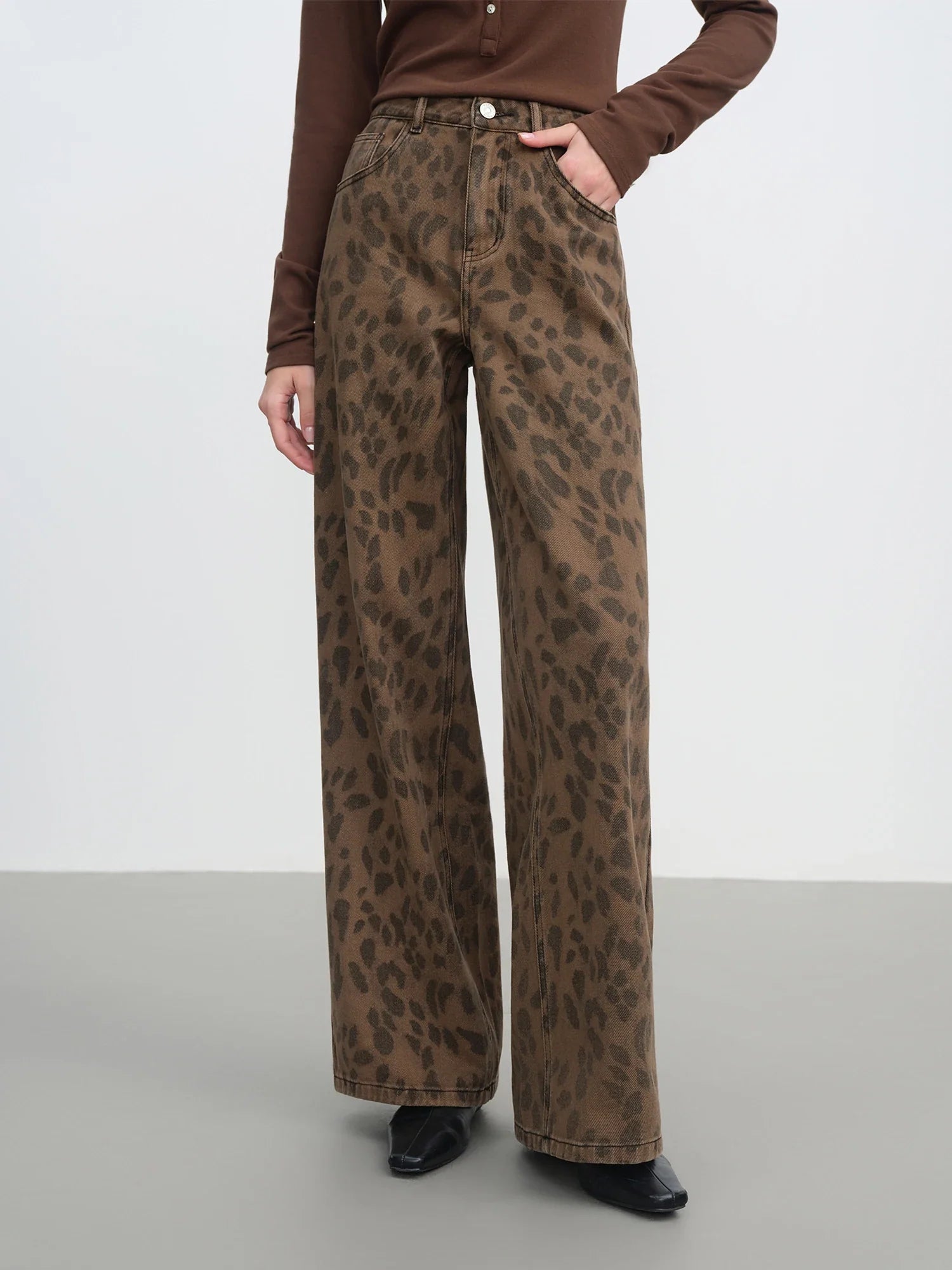 Washed Denim Leopard Pants