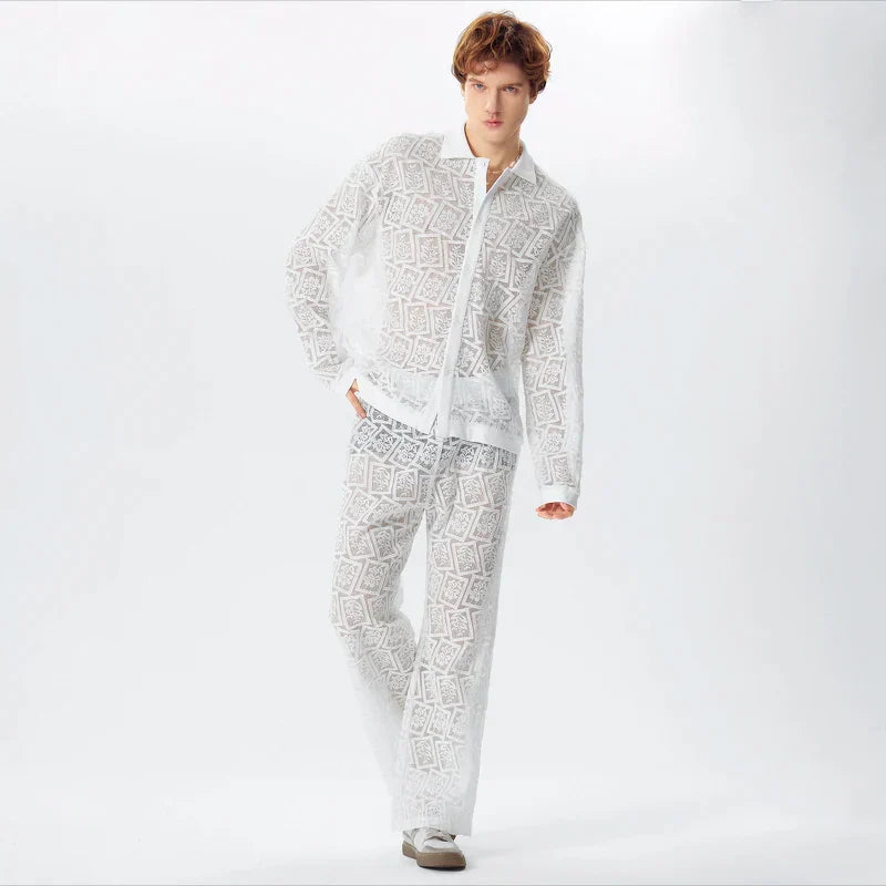 Lace Mesh Transparent Lapel Long Sleeve Shirt & Pants