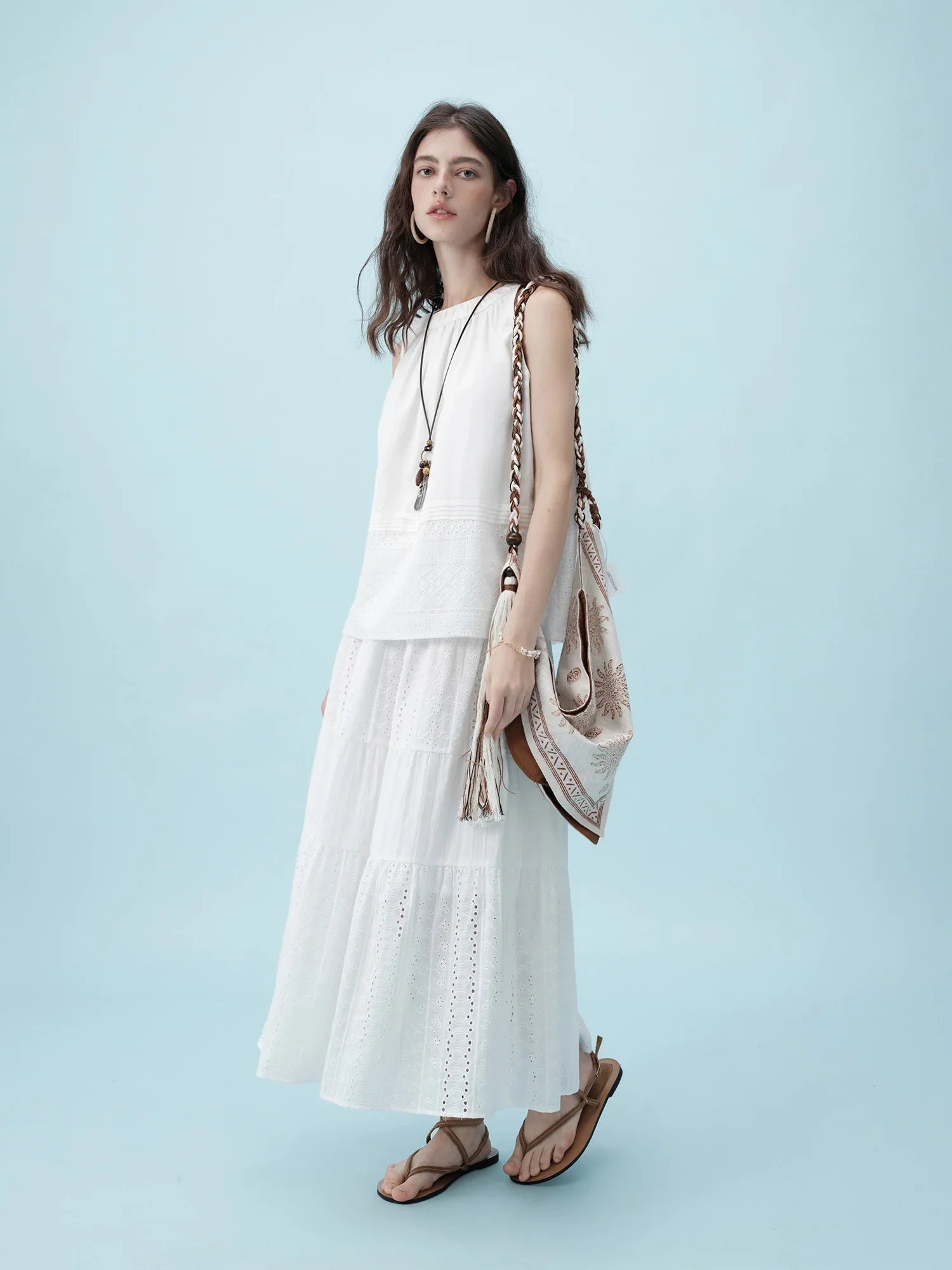 White Sleeveless Top & Textured Chiffon Skirt Set